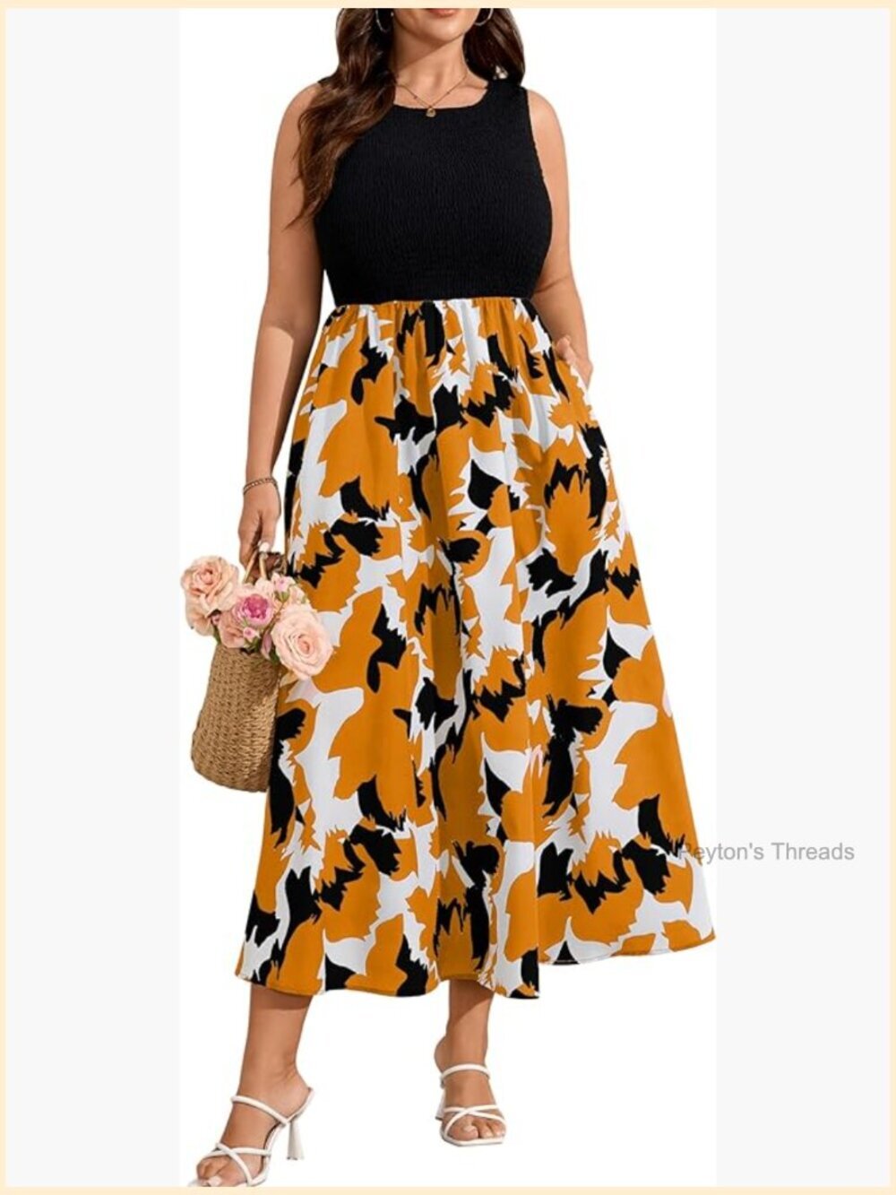 Plus Size Smocked Tank Sleeveless Floral Boho Beach Vacation Long Sundress with